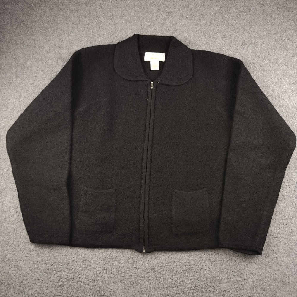 Tally-Ho Vintage 100% Wool Full Zip Cardigan Jacket Black Peter Pan Collar Sz M